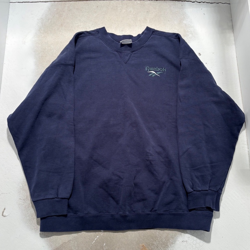 Vintage Reebok Sweatshirt Navy Blue Embroidered Logo Crewneck Mens XL USA Made